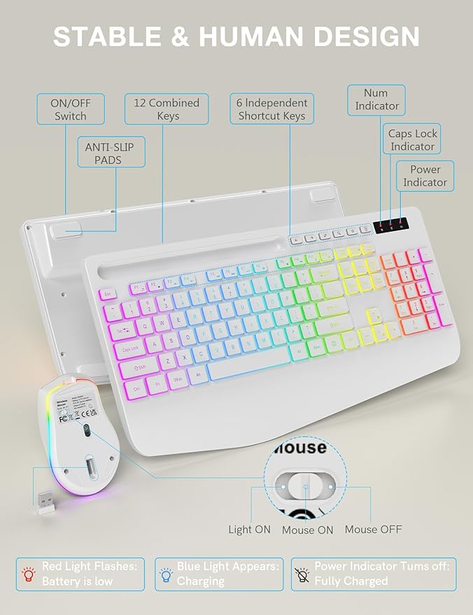 Wireless Keyboard and Mouse Backlits, Wrist Rest, LED Mouse, Rechargeable Ergonomic Keyboard with Phone Holder, Silent Light Up Combo for Computer, Mac, PC, Laptop, Chromebook (White)
