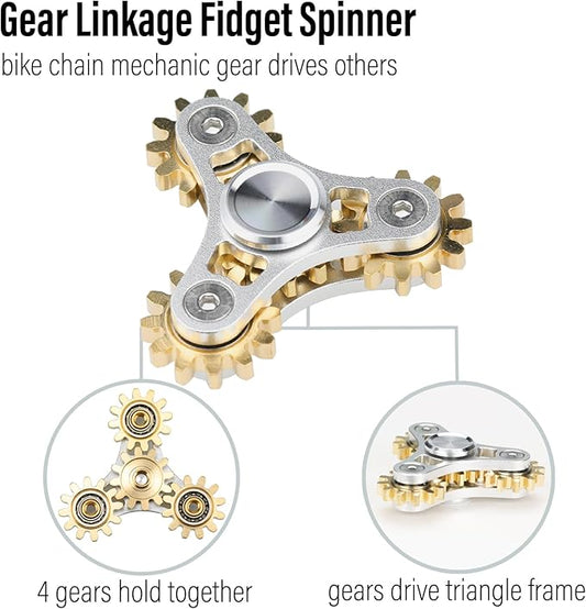 FREELOVE Gear Metal Fidget Spinner Toys for Adults, Small Mini Tiny Pockget Figette, Bike Chain, Copper Brass Hands Gyro, Quiet Silent Cool Cube for Anxiety Men (4 Gears Linkage, Silver-Brass)