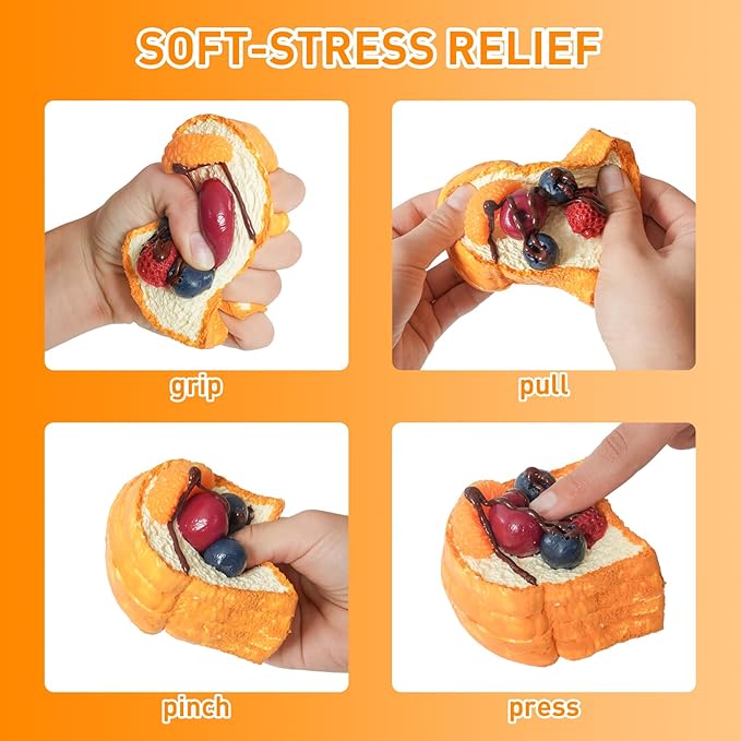 Squishy Toys, Taba Squishies Fidget Toys for Kids, Stress Balls for Adults, Sensory Toys for Autism, Squeeze Gifts, Anxiety Relief Party Favors for Girls & Boys (Fruit Toast)
