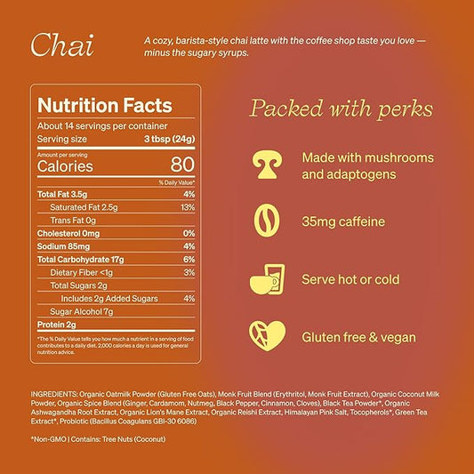 Clevr Blends Chai Tea Latte, Instant Superfood Powder Blend with Oat Milk, Lion’s Mane, Reishi Mushroom, Black Tea, Organic Spices, Coconut Cream, Ashwagandha, Oprah’s Favorite Things 2022 (14 Lattes)