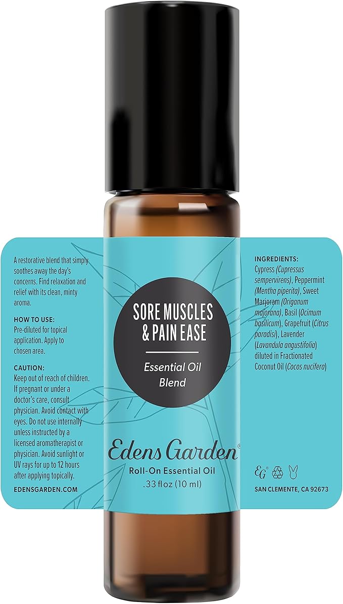 Edens Garden Sore Muscles & Pain Ease Essential Oil Roll-On Blend- 100% Pure Premium Grade, Natural, Therapeutic, Aromatherapy, Kid & Skin Safe, The Best for Body Pre-Diluted 10 ml (.33 fl oz)