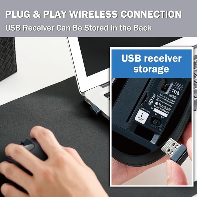 ELECOM Left Hand Wireless Ergonomic Mouse, 2.4GHz with Mini USB Receiver, Silent Click, 2000DPI, 5 Buttons, Optical Sensor, Compatible with PC, Mac, Laptop, EX-G, Lsize Black (M-XGL31DBSKBK)