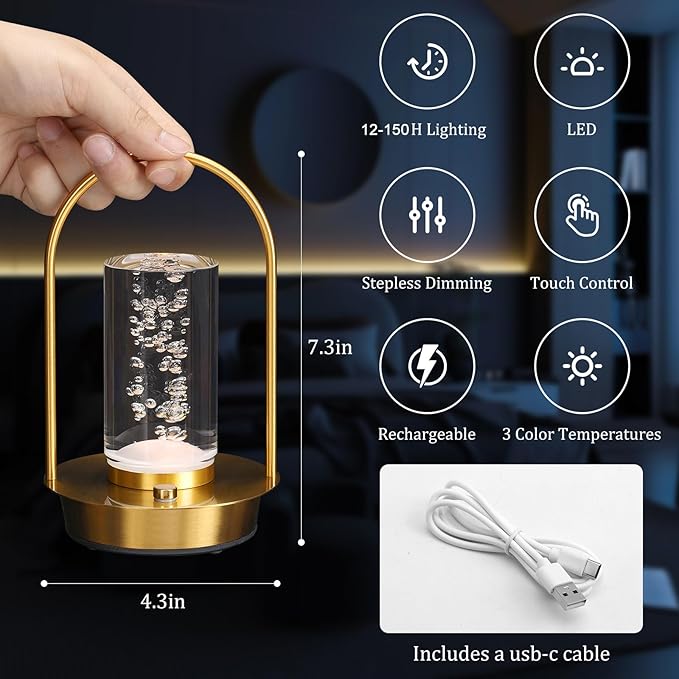 Cordless Table Lamp,Outdoor Rechargeable Small Touch LED Lamp 3 Colors Dimmable Light Aesthetic Pretty Decorative Battery Powered Lamp for Bedside,Living Room,Patio,Bedroom,Kitchen (Cylinder Droplet)