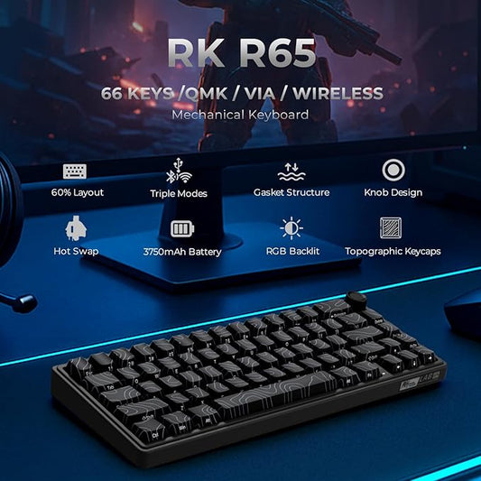 RK ROYAL KLUDGE R65 Wireless Mechanical Keyboard with Volume Knob, 60% Gaming Keyboard Topographic, Tri-Mode 2.4Ghz/USB-C/BT, Gasket Mount, QMK/VIA, PBT Keycaps, Hot Swappable Cream Switch, Black