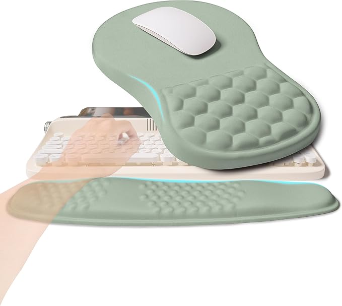 2-in-1 Ergonomic Set, Wave Rise Keyboard Wrist Rest and Massage Bulge Slope Mouse Pad Wrist Support, Cushion Memory Foam Integrated to Relieve Wrist Pain, Light Green