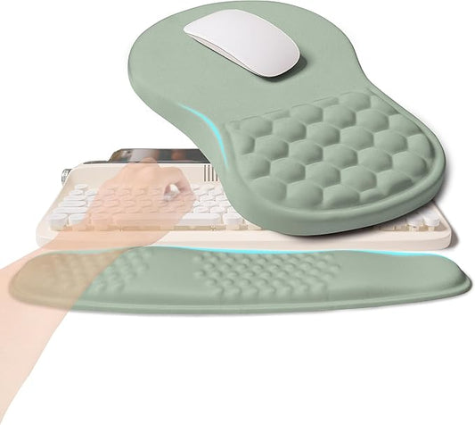 2-in-1 Ergonomic Set, Wave Rise Keyboard Wrist Rest and Massage Bulge Slope Mouse Pad Wrist Support, Cushion Memory Foam Integrated to Relieve Wrist Pain, Light Green