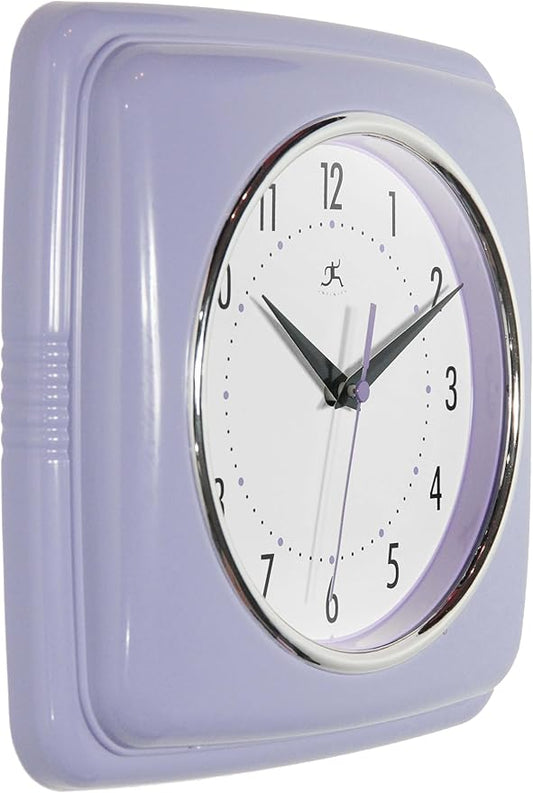 Infinity Instruments Retro Wall Clock – 9-Inch Square Silent Non-Ticking Mid-Century Modern Clock – Vintage Decorative Wall Clock for Kitchen, Office, or Diner – Lilac