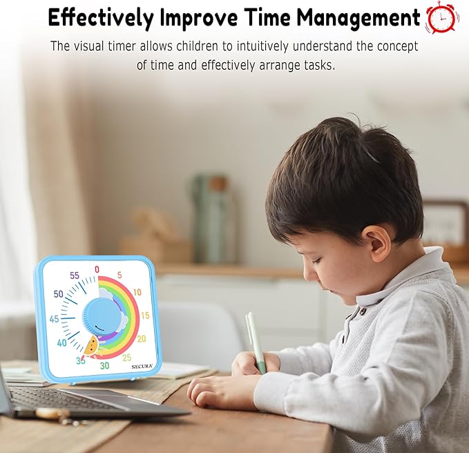 Secura 60-Minute Visual Timer, 7.5 Inch Magnetic Rainbow Countdown Timer for Classroom or Kitchen, Durable Mechanical Timer Clock with Magnetic Backing (Blue & Sun)