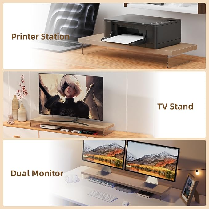 Dual Monitor Stand Riser, 40" Large Computer Monitor Stands for 2 Monitors, Wooden Desktop Organizer Shelf for Office Desk Computer, Laptop, TV, Monitor, Printer