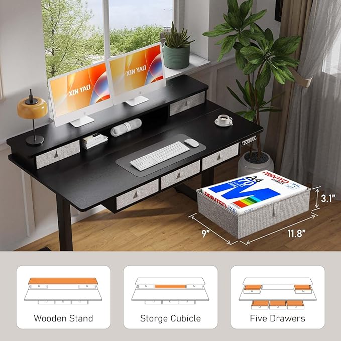 XINYAO Electric Standing Desk with 5 Drawers, 55x24 Inch Height Adjustable Sit Stand Up Desk with Storage Support 290lbs Ergonomic Rising Table with Wheels for Home Office