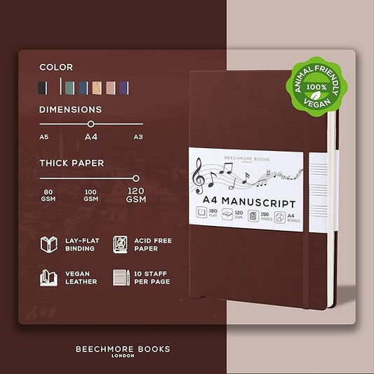 BEECHMORE BOOKS Blank Sheet Music Notebook – A4 8.5x11.5 for Songwriters, Musicians & Composers, 156 Thick 120gsm Pages, 10-Staff Perforated Sheets, Vegan Leather Hardcover, Elastic Closure, Gift Box