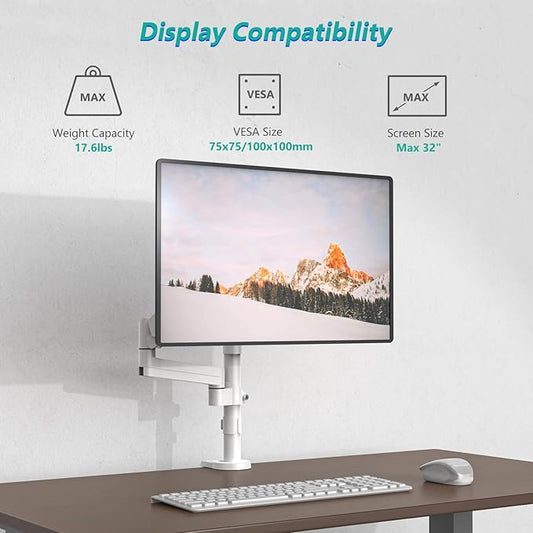 WALI Single Monitor Mount, Adjustable Gas Spring Arm Desk Mount for Screen up to 32 inch, 17.6lbs Weight Capacity, Mounting Pattern 75 x 75mm or 100 x 100mm (GSDM001W), White