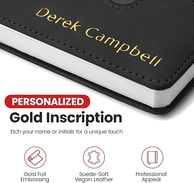 Promot Personalized Notebook - A5 Lined Leather Bound Journal for Writing Women Men - Hardcover Executive Notebook, Daily Journal, Travel Diary, Gift Idea, Custom Embossed Text with Gold Metallic Foil