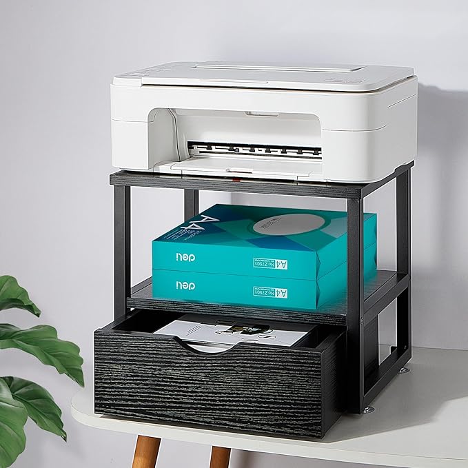 2 Tier Desktop Printer Stand,Printer Stand with Drawers, Shelf for Top of Desk ,Multi-Purpose Desk Organizer for Home Office, Fit Fax Machine, Scanner,Blakc