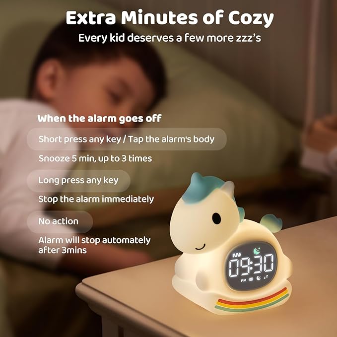 Alarm Clock with Night Light for Kids with Sleep Training and Sound Machine, Rechargeable Silicone Lamp OK to Wake Clock,Cute Animal Tabletop Lamp, Perfect Sleep Companion for Boys Girls,Blue Pony