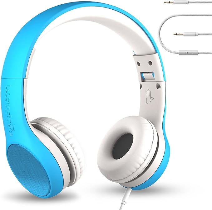 LilGadgets Connect+ Style On-Ear Kids Headphones with Microphone - SharePort Technology, SoftTouch Padding, Detachable Cable, Noise Reduction, Durable & Adjustable - Blue Headphones for Kids