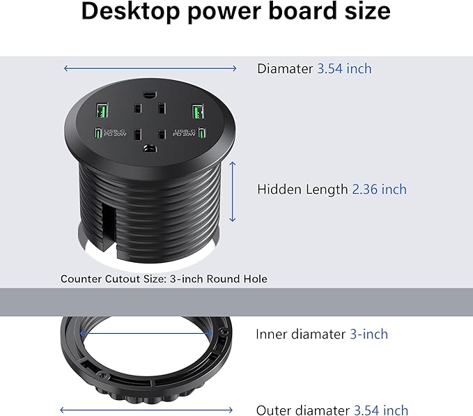 Desktop Power Grommet, 3-inch Hole, 40W Fast Charging Station, 2 PD 20W USB C Ports, 2 AC Outlets, 4 USB Ports, Flush Mount, 2 Pack