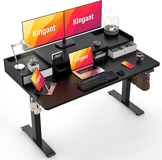 Kingant 55" x 30" Standing Desk with Drawers, Large Desktop, Ergonomic Sit Stand Desk for Home Office Work, Cable Management, 3 Preset Heights & 2 Hooks, Classic Black