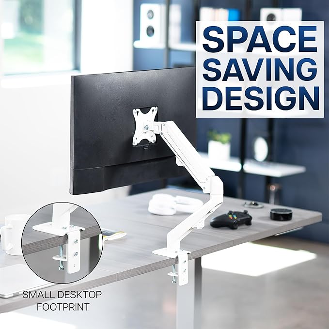 VIVO Articulating Single 17 to 27 inch Pneumatic Spring Arm Clamp-on Desk Mount Stand | Fits 1 Monitor Screen with Max VESA 100x100, White (STAND-V101OW)