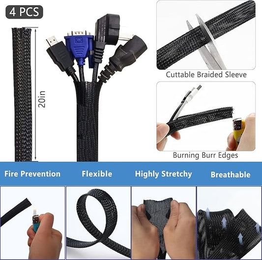 ELII 302PCS Cable Management Kit 4 Cable Sleeve,45Cable Clips,11Cable Holders,22 Roll Cable Organizer Straps and 200 Fastening Cable Ties,20 Cable Zip Tie Mounts Computer Under Desk (Black)