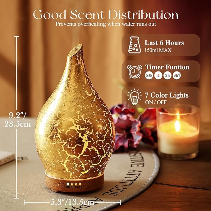 Porseme Essential Oil Diffuser Glass Aromatherapy Ultrasonic Humidifier, Air Refresh Auto Shut-Off, Timer Setting, BPA Free for Home Hotel Yoga Leisure SPA Gift 150ml Last 6H