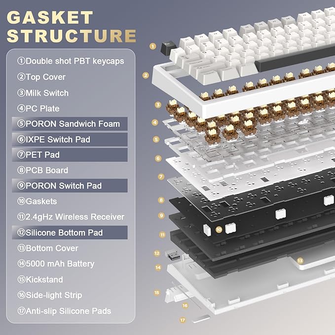 YUNZII YZ98 Gasket Mechanical Keyboard,99 Key Hot Swappable BT5.0/2.4G/USB-C Wireless NKRO 98% 1800 Layout with RGB LED Backlit for Linux/Win/Mac(White, Cocoa Cream V2 Switch)