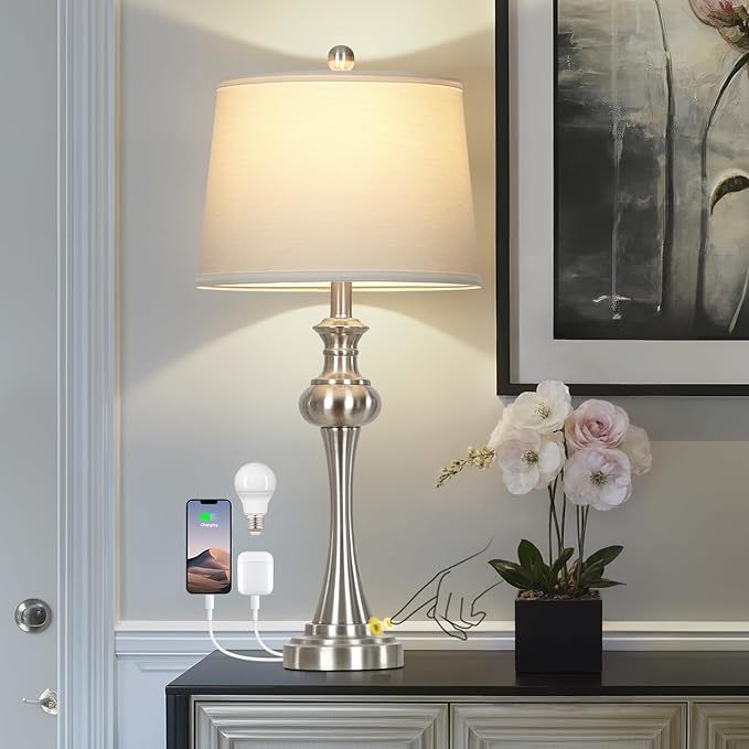 28.75" Silver Table Lamps for Living Room,Touch Lamps for Bedrooms Bedside Lamp 3-Way Dimmable Touch Control, Modern Silver Nightstand Lamp Fabric Shade Mid Century Accent Style(Bulb Inclued)