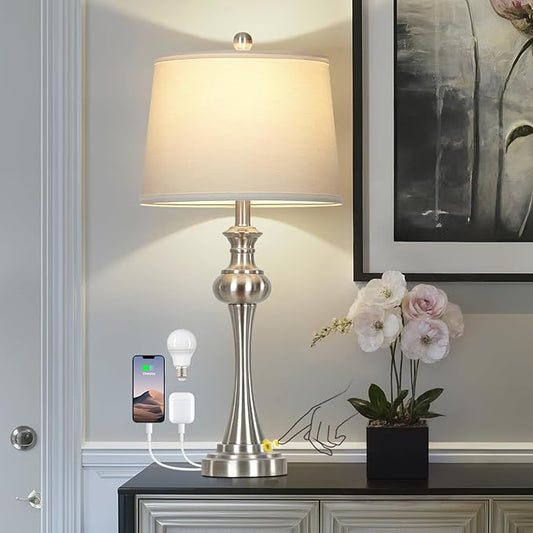 28.75" Silver Table Lamps for Living Room,Touch Lamps for Bedrooms Bedside Lamp 3-Way Dimmable Touch Control, Modern Silver Nightstand Lamp Fabric Shade Mid Century Accent Style(Bulb Inclued)