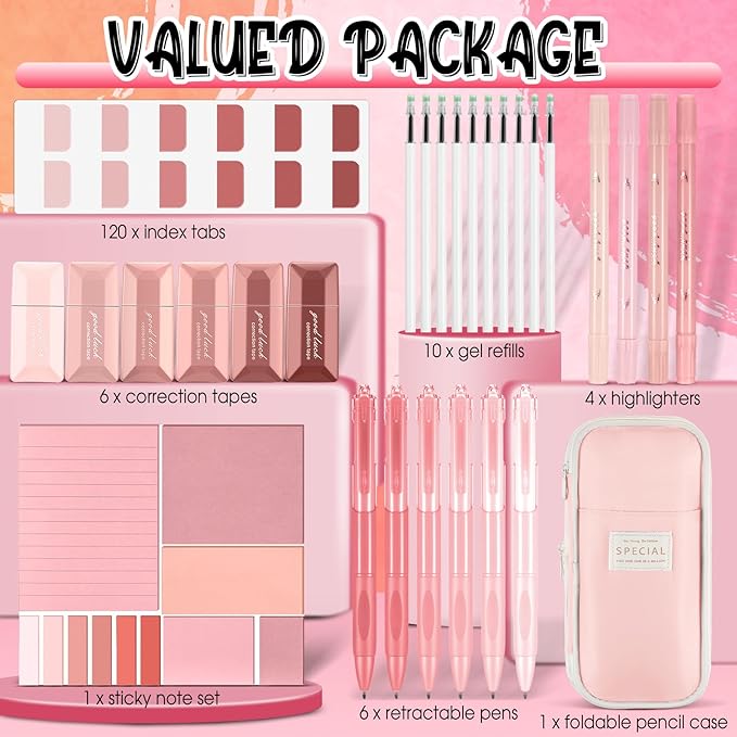 Janlaugh 38 Pcs Aesthetic College School Supplies with Pen Case Sticky Notes Gel Pens Highlighters Correction Tapes Back to School Stationery Kit(Pink Color,Classic)
