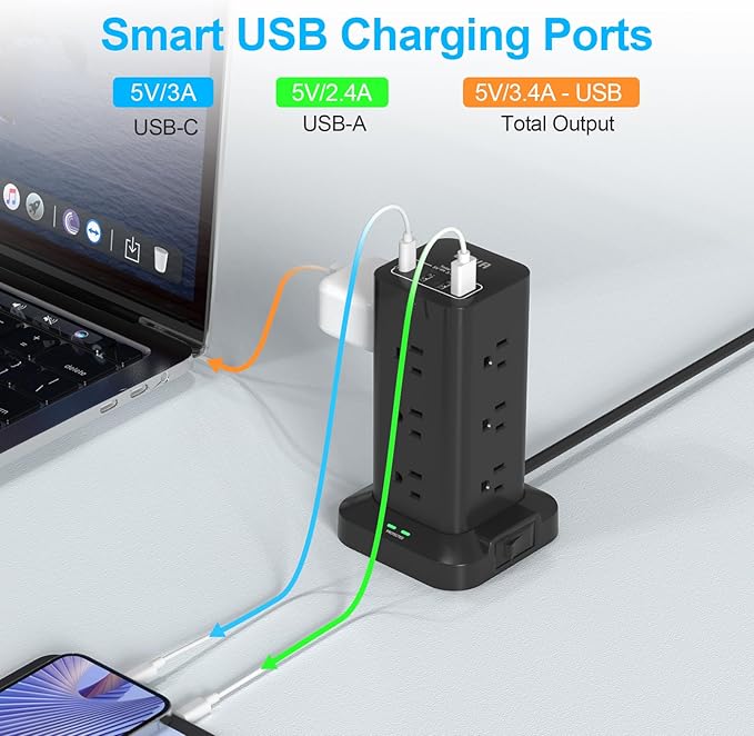 BEVA Power Strip Tower with USB Ports, 6.5 FT Surge Protector Power Tower, 12 AC and 4 USB Ports, 6.5 FT Extension Cord with Multiple Outlets, Office Supplies Office Organization (Black)