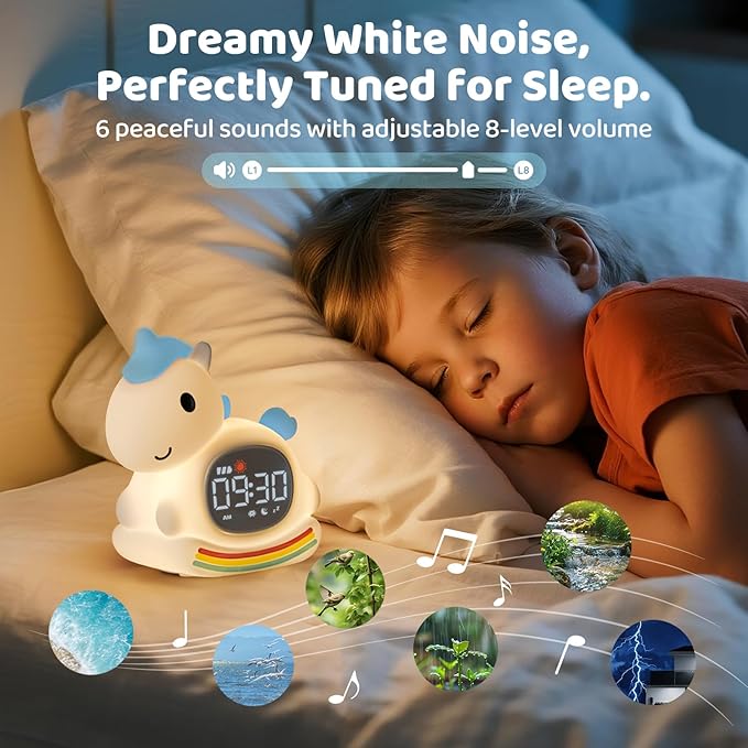 Alarm Clock with Night Light for Kids with Sleep Training and Sound Machine, Rechargeable Silicone Lamp OK to Wake Clock,Cute Animal Tabletop Lamp, Perfect Sleep Companion for Boys Girls,Blue Pony