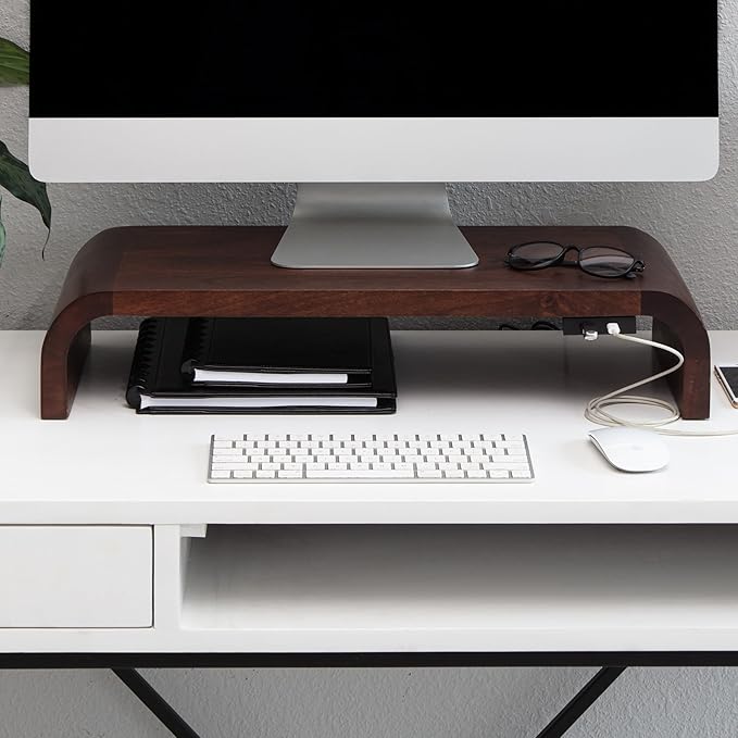 Anji Mountain Wood Monitor Stand Riser Desk Desktop Organizer Table for Home, Office Workspace, Laptop Riser, Ergonomic Design Stand for Gaming Setup, with Power Source, Walnut