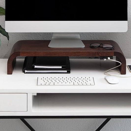 Anji Mountain Wood Monitor Stand Riser Desk Desktop Organizer Table for Home, Office Workspace, Laptop Riser, Ergonomic Design Stand for Gaming Setup, with Power Source, Walnut