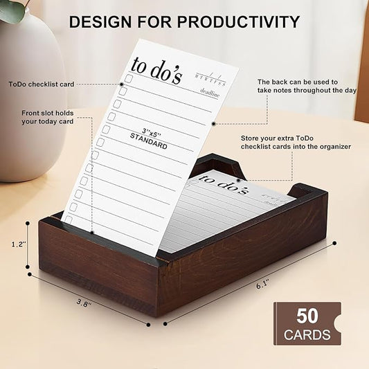 Daily To Do List Planner - 50 ToDo Checklist Cards 3x5'' with Wooden Stand - Undated Daily Planner Notepad Perfect for Daily Tasks and Goal Setting, Enhanced Productivity, Work Office Accessories