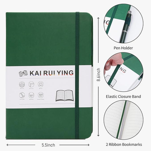 KaiRuiYing Lined Journal Notebook with Pen Holder, 320 Pages, 5.5'' × 8.6'' Medium Size A5-100 GSM Thick Paper, for Writing, Work, Office, Leather Hardcover
