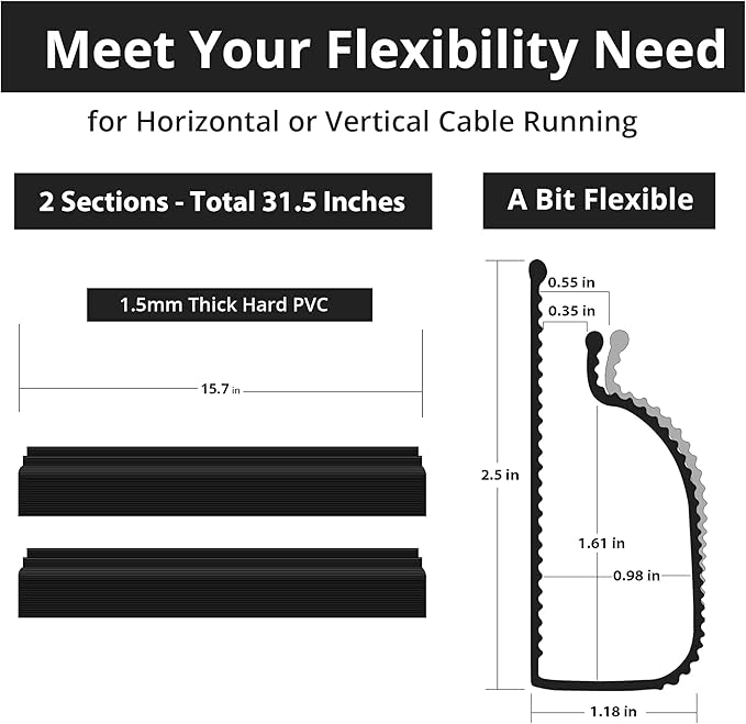Cable Management Under Desk (31.5in J Channel 2x15.7in) Self Adhesive Cable Raceways Channel, Easy to Install Cord Cover Hider Desk Cord Organizer Electrical Black