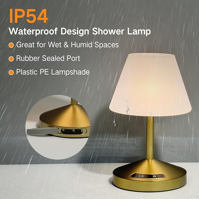OUTON Rechargeable Cordless Waterproof Shower & Table Lamp with USB Output, Touch Dimming, 3 Colors, Power Indicator & Memory Function, LED Desk Lamp, Battery Operated Light for Indoor & Outdoor, Gold
