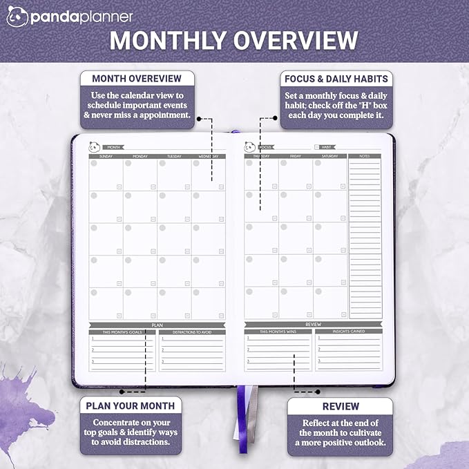 Panda Planner Classic Daily Planner 2025-2026 – Undated Day Planner & Productivity Calendar Notebook for Focus, Goals & Time Management – Purple