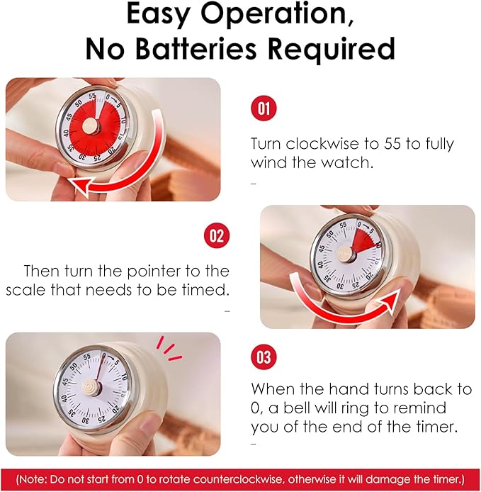 Visual Timer, Teeloray 60-Minute Countdown Timer, Kitchen Timer with Magnetic Base, Mechanical Clockwork, Ringer Alert, Time Management Tool for Children and Adults, Study/Work/Cooking (White)