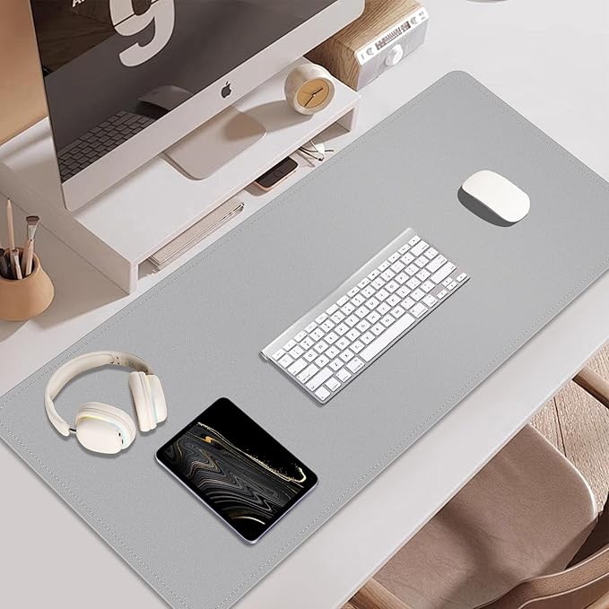 Dual-Sided Desk Pad, Natural Cork & PU Leather Mouse Pad for Desk, Desk Pad Protector, Non-Slip Desk Mat for Office and Home Work, (Light Gray, 23.6" x 13.7")