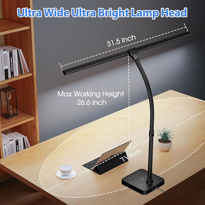 ShineTech LED Desk Lamp for Home Office, 24W Double Head Desk Light with Wireless Charging, USB Port, Adjustable Gooseneck Lamps, 5000K Daylight White