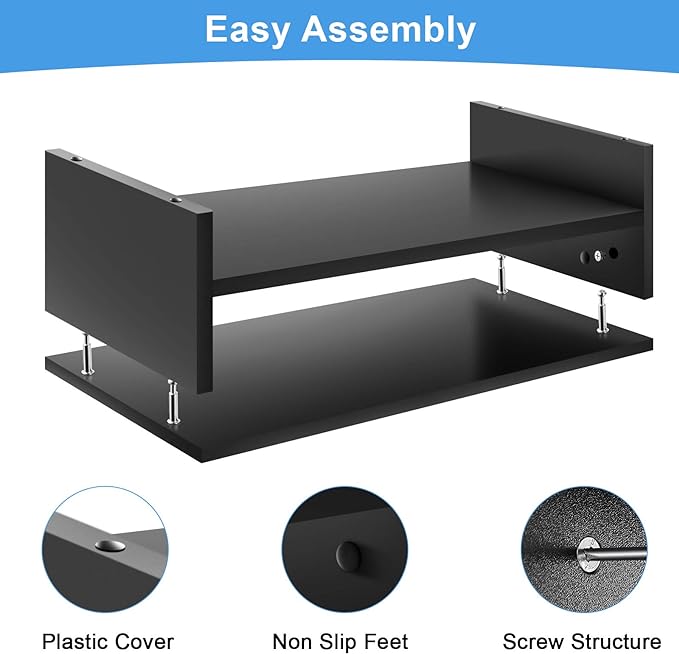 Marbrasse Monitor Stand Riser, 16.5 Inch 2 Tier Computer Printer Shelf Stand for Laptop Computer Screen Storage, Desktop Stand with Phone Holder and Cable Management Black