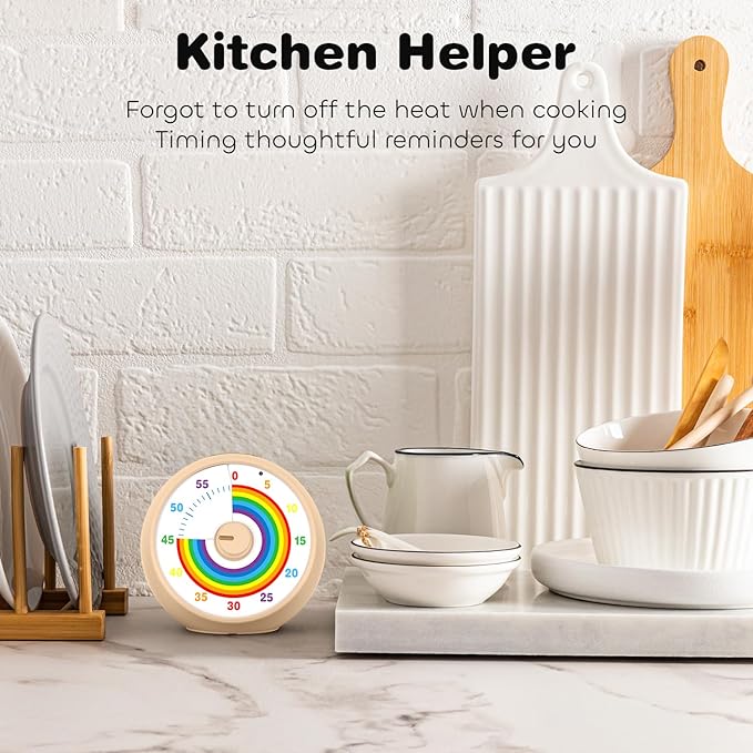 Visual Timer for Kids, 60-Minute Countdown Timer for Classroom Office Kitchen, Desk Timer Kids Time Management Tools with Silent Operation, Pomodoro Time Rainbow Pattern(Khaki)