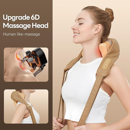 Neck Massager for Pain Relief Deep Tissue with Heat -Cordless Shiatsu 6D Kneading Massage for Neck,Shoulder,Gifts for Mom/Dad(PU-Yellow Brown)