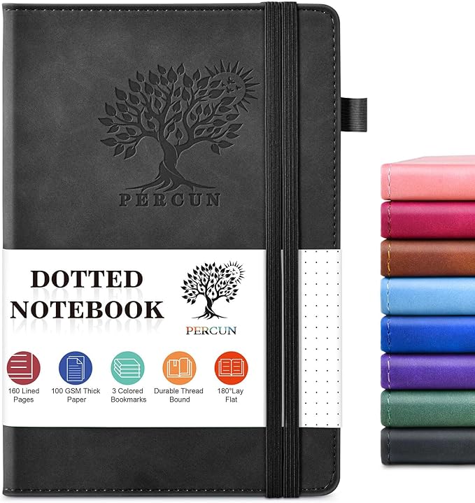 PERCUN Dotted Journal Notebook for Men & Women, 160 Pages Dot Grid notebook for Note Taking, Bullet Journaling Notebook for Work, School, Travel, Writing, A5 Hardcover 5.9" x 8.5"(Black)