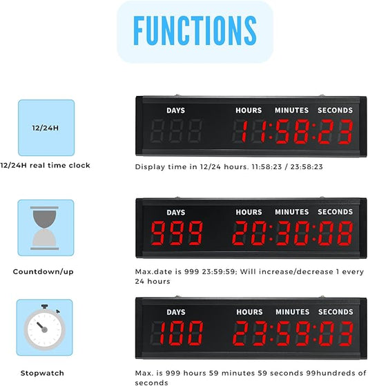 Large Digital Countdown Clock, LED Large Display Count Up/Count Down Timer, 999 Days Countdown Calendar for Christmas Retirement Birthday Event Timer with Remote Control (Red,17.87in*5.04in)