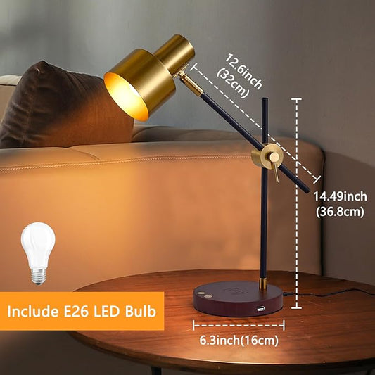Adjustable Swing Arm Desk Lamp with Wireless Charger & USB Ports - Touch Control, 360° Flexible Metal Arm, Timer Function, Modern Office Lamp for Home Study, Bedroom, Reading (LED Bulb Included)