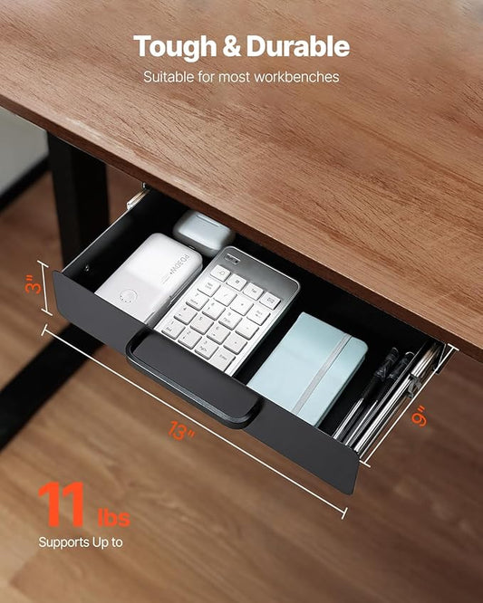 VEVOR Under Desk Drawer Slide Out, 13 inch Attachable Desk Drawer for Sit Stand Workstation, Hidden Under Counter Drawers for office Home, Black