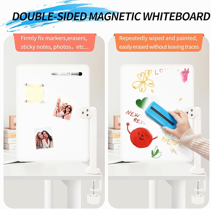 360° Rotating Desktop Dry Erase Whiteboard with Stand, 16" x 12" Double-Sided Magnetic Board with Clamp Holder Mount for Desk Up to 2.17" for Drawing, Office, Home, School (White)