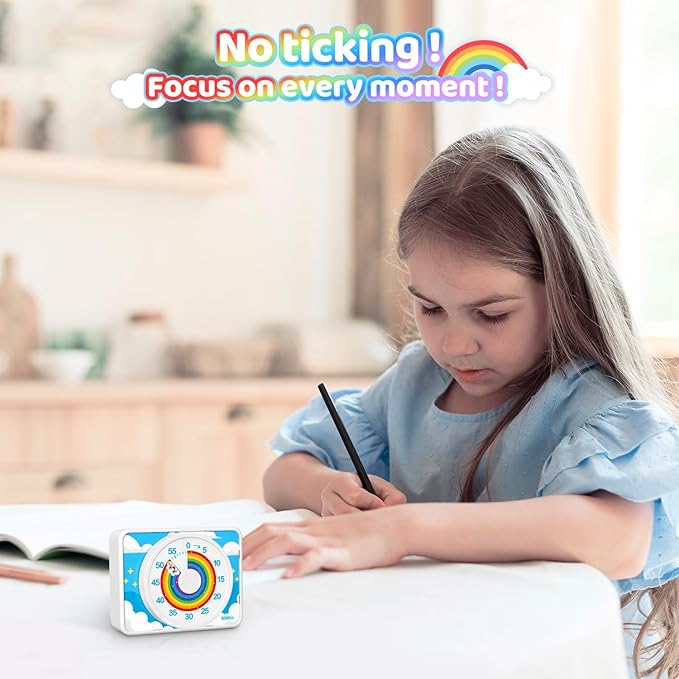 VOCOO Kids Visual Timer for Classroom - 60-Minute Countdown for Kitchen Cooking Office, Strong Magnet, Silent Time Management Tool, 2 AAA Batteries Included, Cute Rainbow Pattern (White)